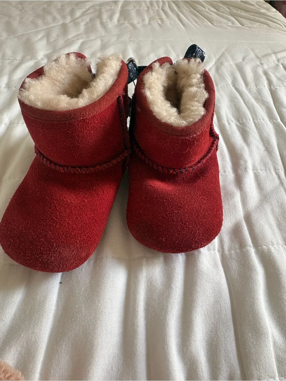UGG Kids Red Suede Shearling Booties with Navy Bow
